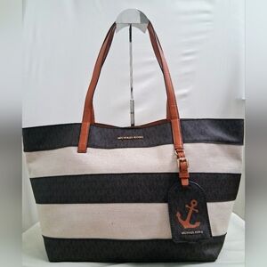 Michael Kors Cream And Brown Striped Signature Saffiano Leather Tote Beach Bag